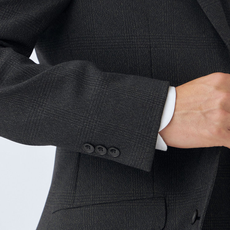 ブラックライン 【SLIM TAPERED_2】【秋冬】2釦シングルスリーピーススーツ 0タック/グレー×チェック/ウエストシャーリング/4S SUSTAINABILITY&ECOLOGY FABRIC/※パンツ裾上げ済仕様 グレー濃色