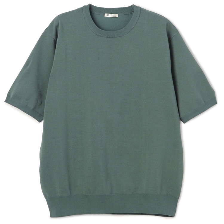 スーツセレクト 【RBC】【5分袖】コットンブレンドクルーネックニット/グリーン/「マシンウォッシャブル」「UVカット」「接触冷感」 緑中間