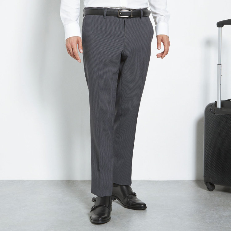 ブラックライン 【SLIM TAPERED】【年間】ウォッシャブル0タックテーパードパンツ/グレー×ハウンドトゥース/裾上げ済仕様 グレー中間