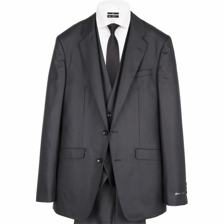 スーツセレクト 【WEB限定/OUTLET】【SLIM TAPERED_2】【年間】2釦シングルスリーピーススーツ 0タック/ブラック×シャドーストライプ ブラック系(黒)