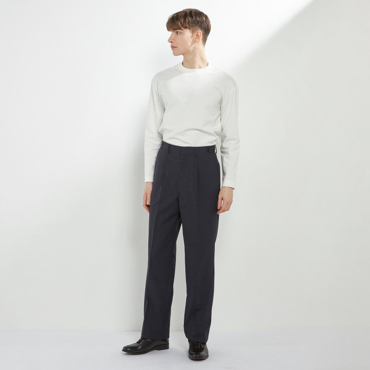 ソノタ 【BLACK LINE】【春夏】1タックワイドシルエットパンツ/ネイビー×サイロフィル/NEW ZEALAND WOOL MIX Super100’s/※裾上げ必要 紺中間