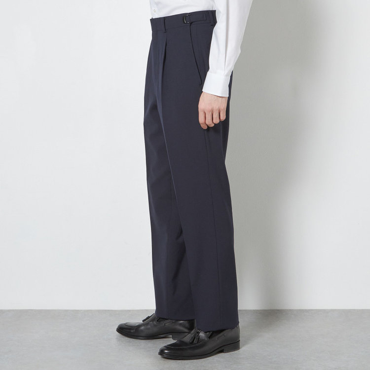ソノタ 【WIDE PANTS SUIT】【春夏】1タックワイドシルエットパンツ/ネイビー×シアサッカー/NEW ZEALAND WOOL MIX Super100’s/※裾上げ必要 紺中間