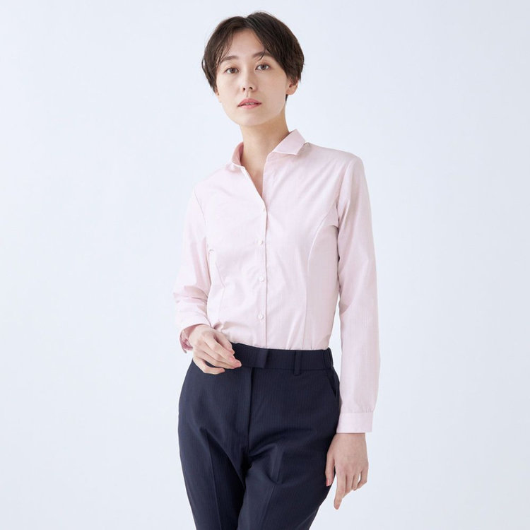 スーツセレクト 【発送在庫あり】【SUIT SELECT×Samantha Thavasa】【長袖】リボン&フリル取り外しスキッパー/ピンク×ドビーストライプ/形態安定 ピンク系(桃)