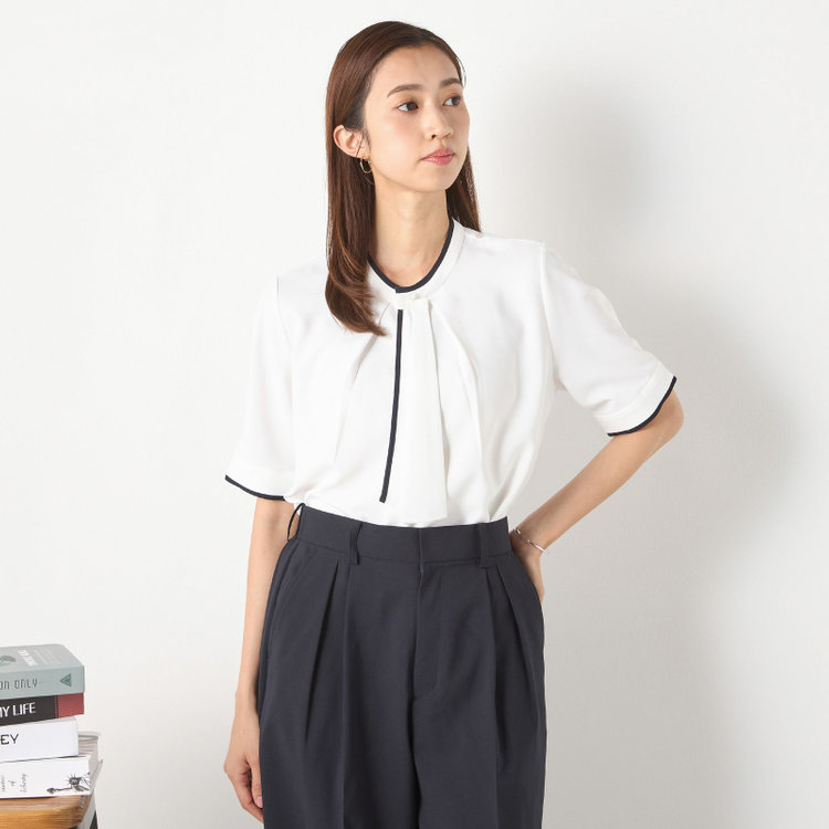 【SILVER LINE/5分袖】配色タイ脱着式/ホワイト/「ウォッシャブル」「ストレッチ」「防シワ」「UV加工」「接触冷感」