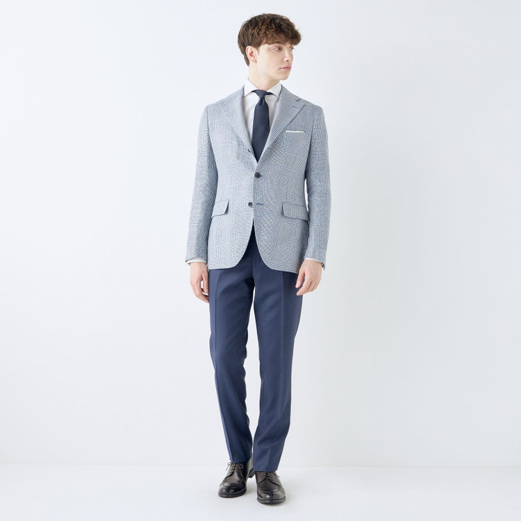 シルバーライン 【CLASSICO TAPERED】【春夏】リネンウールワイドラペル3釦段返りジャケット/ブルー＆ホワイト×チェック/DRAGO lanificio in billa fabric made in italy 青中間