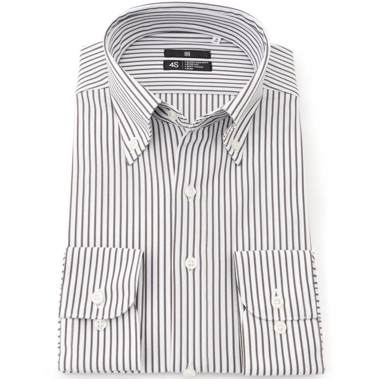 ブラックライン 【BLACK LINE】ボタンダウンワイシャツ/ホワイト×ブラウンストライプ/「4S」スーパーノンアイロン・ストレッチ 茶中間