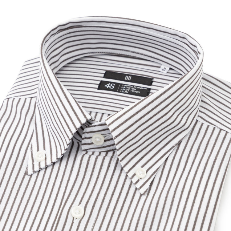 ブラックライン 【BLACK LINE】ボタンダウンワイシャツ/ホワイト×ブラウンストライプ/「4S」スーパーノンアイロン・ストレッチ 茶中間