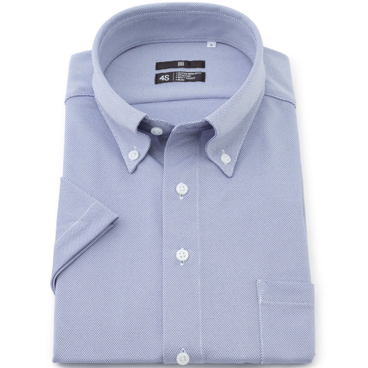 スーツセレクト 【発送在庫あり】【BLACK LINE/半袖】ボタンダウンワイシャツ/ネイビー×ドビー/「4S」スーパーノンアイロン・ストレッチ 紺中間