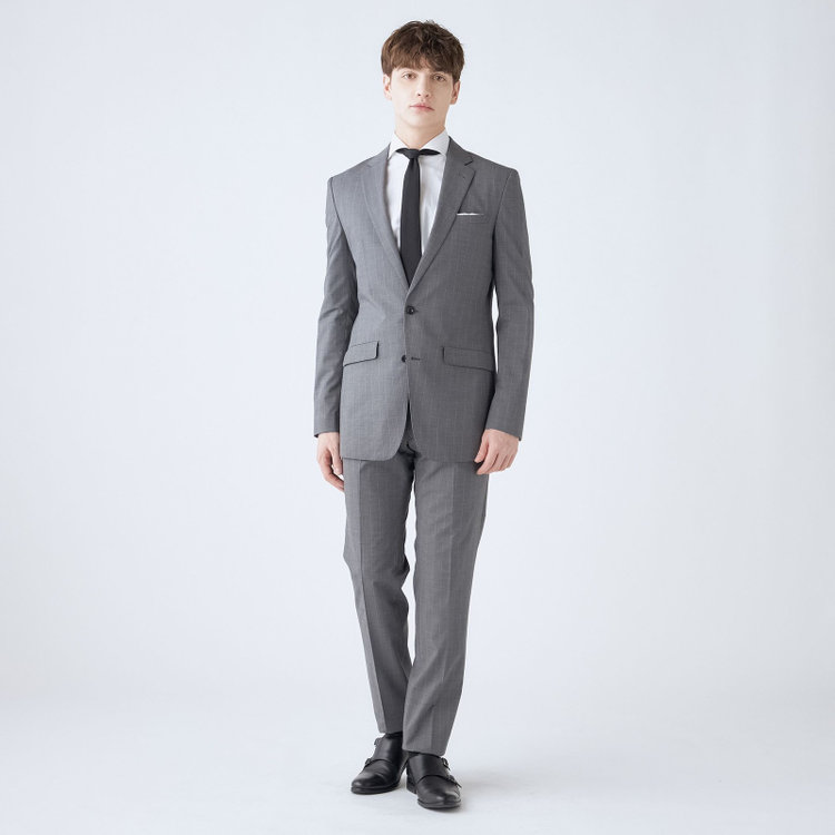 ブラックライン 【SLIM TAPERED_2】【春夏】2釦シングルスーツ 0タック/グレー×ストライプ/ウエストシャーリング/4S SUSTAINABILITY&ECOLOGY FABRIC/ウォッシャブル/※パンツ裾上げ済仕様 グレー中間