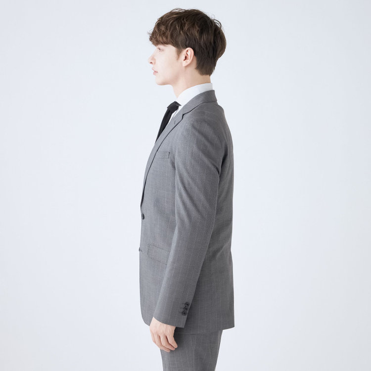ブラックライン 【SLIM TAPERED_2】【春夏】2釦シングルスーツ 0タック/グレー×ストライプ/ウエストシャーリング/4S SUSTAINABILITY&ECOLOGY FABRIC/ウォッシャブル/※パンツ裾上げ済仕様 グレー中間