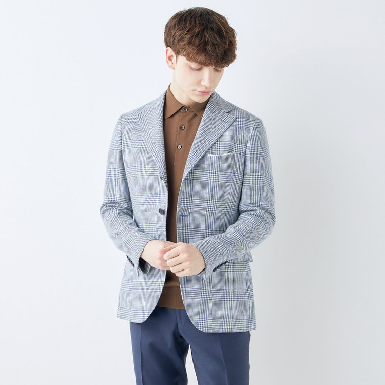 シルバーライン 【CLASSICO TAPERED】【春夏】リネンウールワイドラペル3釦段返りジャケット/ブルー＆ホワイト×チェック/DRAGO lanificio in billa fabric made in italy 青中間