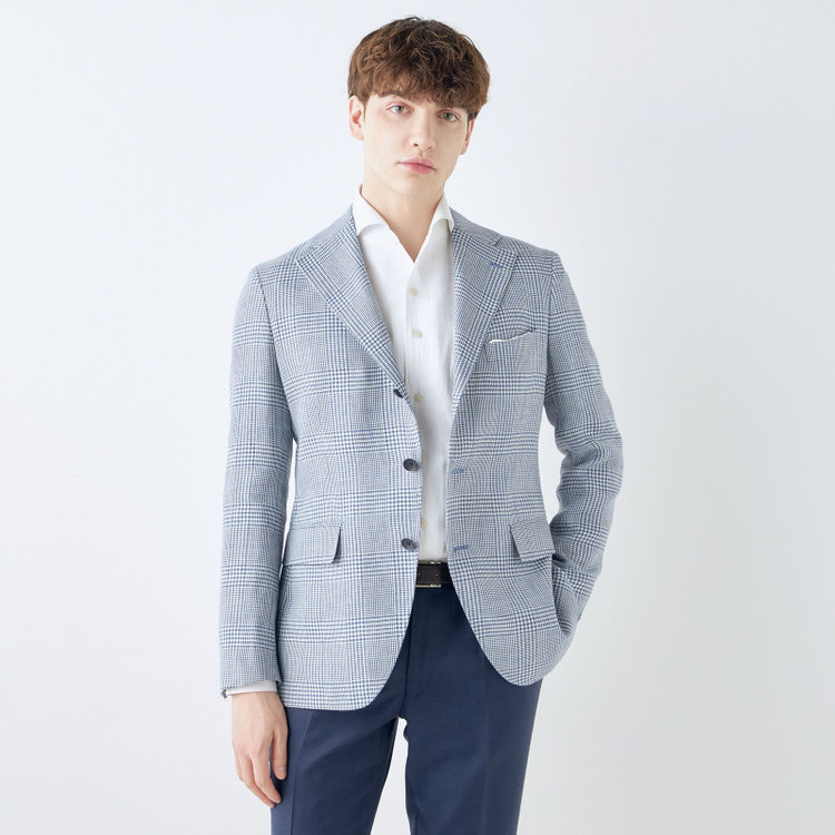 シルバーライン 【CLASSICO TAPERED】【春夏】リネンウールワイドラペル3釦段返りジャケット/ブルー＆ホワイト×チェック/DRAGO lanificio in billa fabric made in italy 青中間