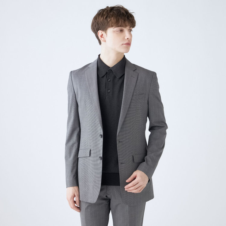 ブラックライン 【SLIM TAPERED_2】【春夏】2釦シングルスーツ 0タック/グレー×ストライプ/ウエストシャーリング/4S SUSTAINABILITY&ECOLOGY FABRIC/ウォッシャブル/※パンツ裾上げ済仕様 グレー中間