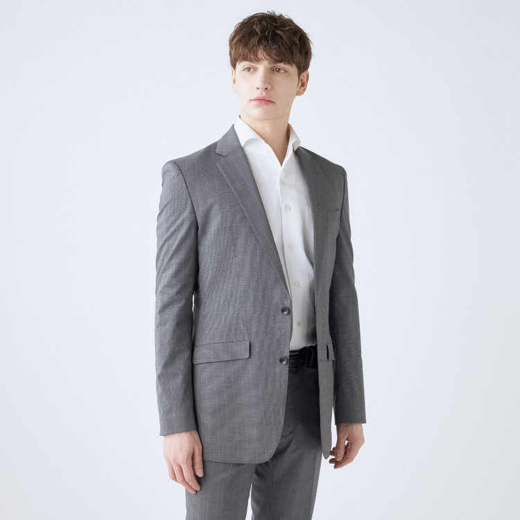 ブラックライン 【SLIM TAPERED_2】【春夏】2釦シングルスーツ 0タック/グレー×ストライプ/ウエストシャーリング/4S SUSTAINABILITY&ECOLOGY FABRIC/ウォッシャブル/※パンツ裾上げ済仕様 グレー中間