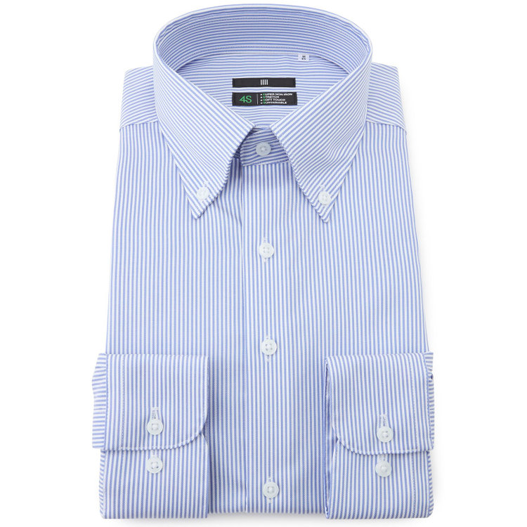 スーツセレクト 【発送在庫あり】【BLACK LINE】ボタンダウンワイシャツ/ホワイト＆ブルー×ストライプ/「4S COTTON」スーパーノンアイロン・ストレッチ 青中間