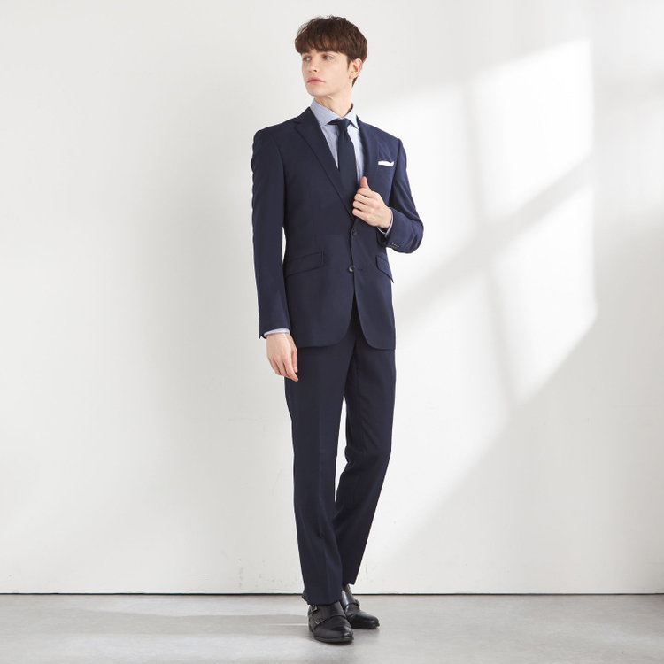 ブラックライン 【KSW】【年間】2釦シングルスーツ 0タック/ネイビー/ウエストシャーリング/ウォッシャブル/MOVING STRETCH/※裾上げ必要 紺中間