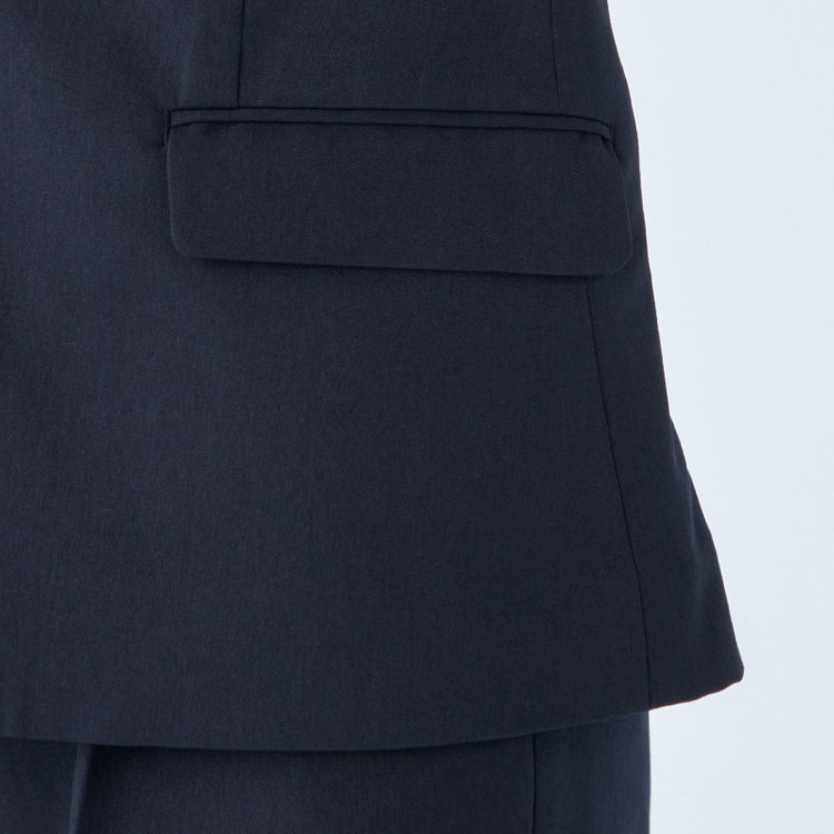 シルバーライン 【発送在庫あり】【RELAX TAPERED】【年間】ノーカラー ホック留めパンツスーツ/ネイビー/ウォッシャブル/ウエストシャーリング仕様/※パンツ裾上げ済仕様 紺中間