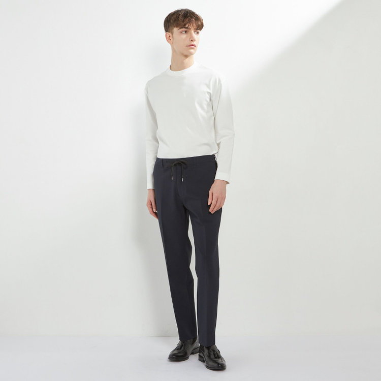 ソノタ 【発送在庫あり】【BLACK LINE】【春夏】0タックテーパードパンツ/ネイビー/ドローコード/ウエストシャーリング/※裾上げ済仕様 紺中間