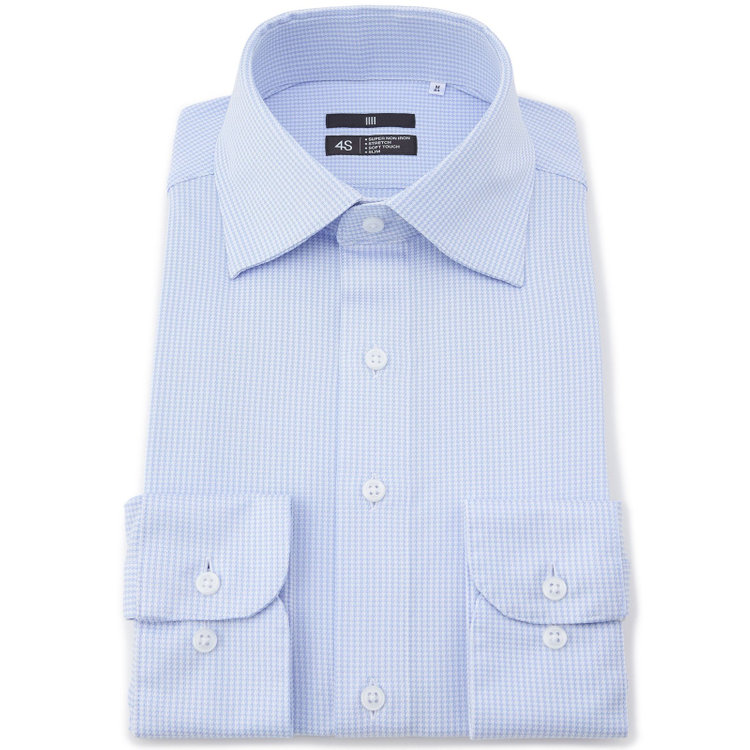 ブラックライン 【発送在庫あり】【WEB限定】【BLACK LINE】ワイドカラーワイシャツ/ブルー×ハウンドトゥース/「4S」スーパーノンアイロン・ストレッチ 青淡色