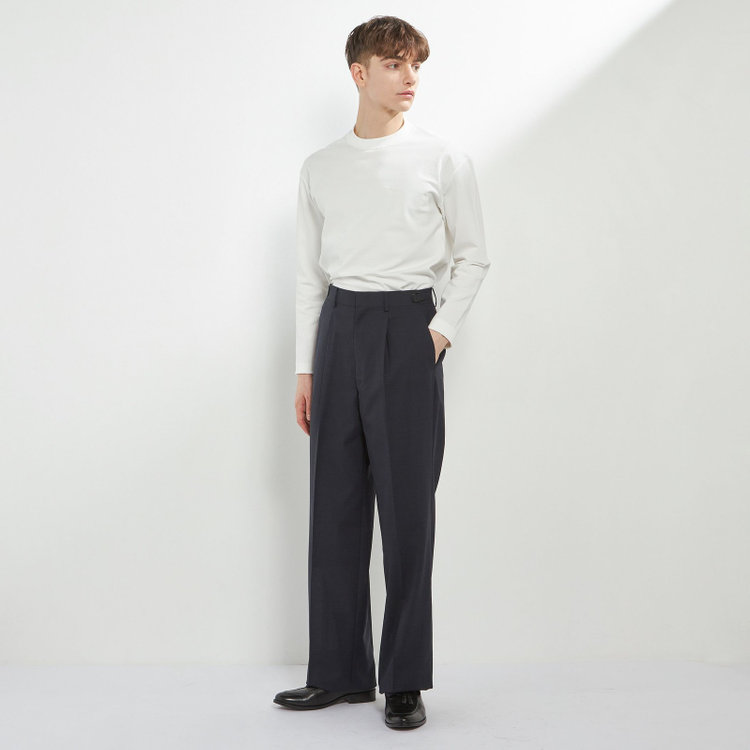 ソノタ 【BLACK LINE】【春夏】1タックワイドシルエットパンツ/ネイビー×サイロフィル/NEW ZEALAND WOOL MIX Super100’s/※裾上げ必要 紺中間