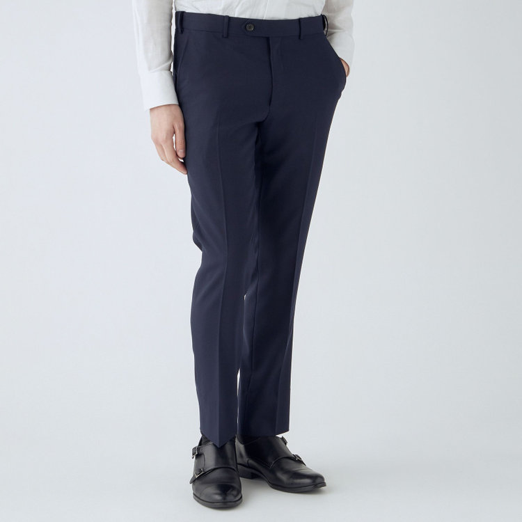 シルバーライン 【4S CROSS】【年間】セットアップパンツ 0タック/ネイビー×カルゼ/ウエストムーブ/※裾上げ済仕様 紺中間