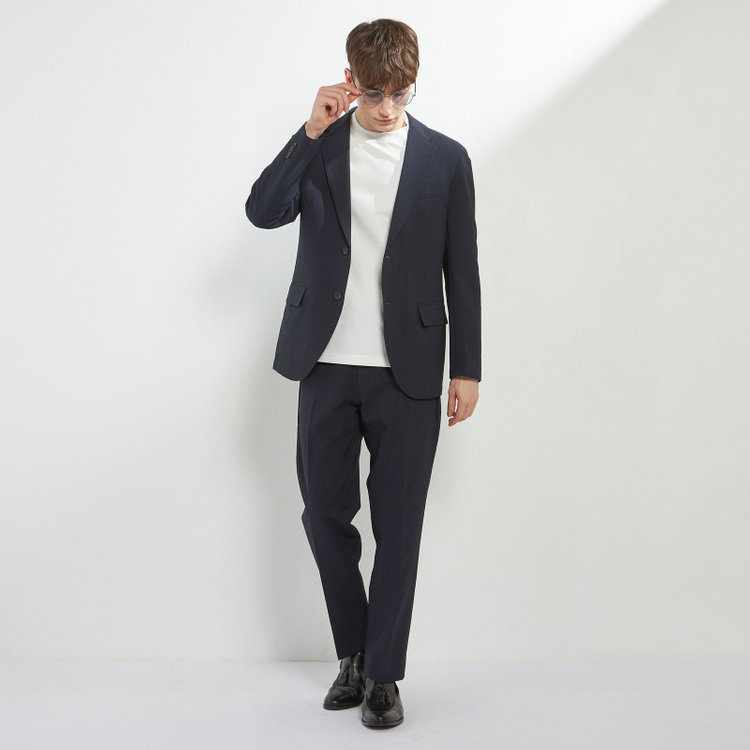 ソノタ 【発送在庫あり】【BLACK LINE】【春夏】0タックテーパードパンツ/ネイビー/ドローコード/ウエストシャーリング/※裾上げ済仕様 紺中間