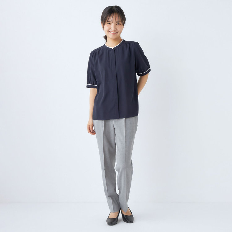 シルバーライン 【SILVER LINE/5分袖】配色切り替えバンドカラープルオーバー/ネイビー 紺中間