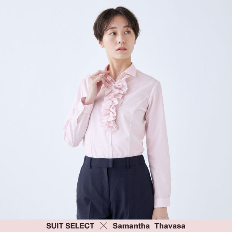 ソノタ 【SUIT SELECT×Samantha Thavasa】【長袖】リボン&フリル取り外しスキッパー/ピンク×ドビーストライプ 赤淡色