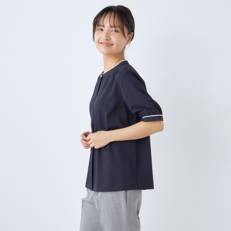 シルバーライン 【SILVER LINE/5分袖】配色切り替えバンドカラープルオーバー/ネイビー 紺中間