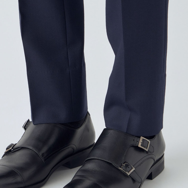 シルバーライン 【4S CROSS】【年間】セットアップパンツ 0タック/ネイビー×カルゼ/ウエストムーブ/※裾上げ済仕様 紺中間