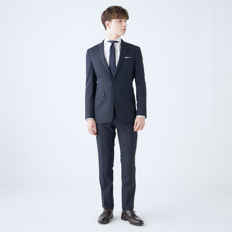 ブラックライン 【SLIM TAPERED_2】【秋冬】2釦シングルスーツ 0タック/ネイビー×ツイル/ウエストシャーリング/4S SUSTAINABILITY&ECOLOGY FABRIC/ウォッシャブル/※パンツ裾上げ済仕様 紺中間