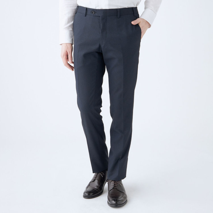 ブラックライン 【SLIM TAPERED_2】【秋冬】2釦シングルスーツ 0タック/ネイビー×ツイル/ウエストシャーリング/4S SUSTAINABILITY&ECOLOGY FABRIC/ウォッシャブル/※パンツ裾上げ済仕様 紺中間