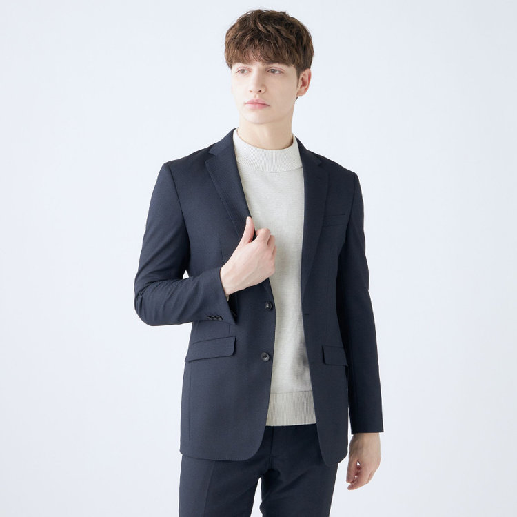 ブラックライン 【SLIM TAPERED_2】【秋冬】2釦シングルスーツ 0タック/ネイビー×ツイル/ウエストシャーリング/4S SUSTAINABILITY&ECOLOGY FABRIC/ウォッシャブル/※パンツ裾上げ済仕様 紺中間
