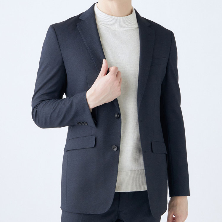 ブラックライン 【SLIM TAPERED_2】【秋冬】2釦シングルスーツ 0タック/ネイビー×ツイル/ウエストシャーリング/4S SUSTAINABILITY&ECOLOGY FABRIC/ウォッシャブル/※パンツ裾上げ済仕様 紺中間