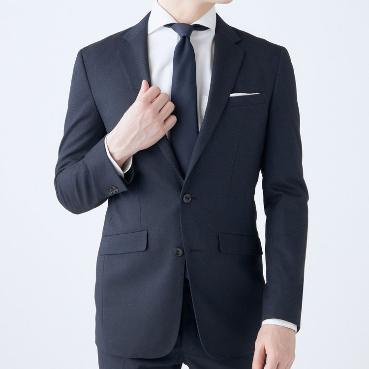 ブラックライン 【SLIM TAPERED_2】【秋冬】2釦シングルスーツ 0タック/ネイビー×ツイル/ウエストシャーリング/4S SUSTAINABILITY&ECOLOGY FABRIC/ウォッシャブル/※パンツ裾上げ済仕様 紺中間