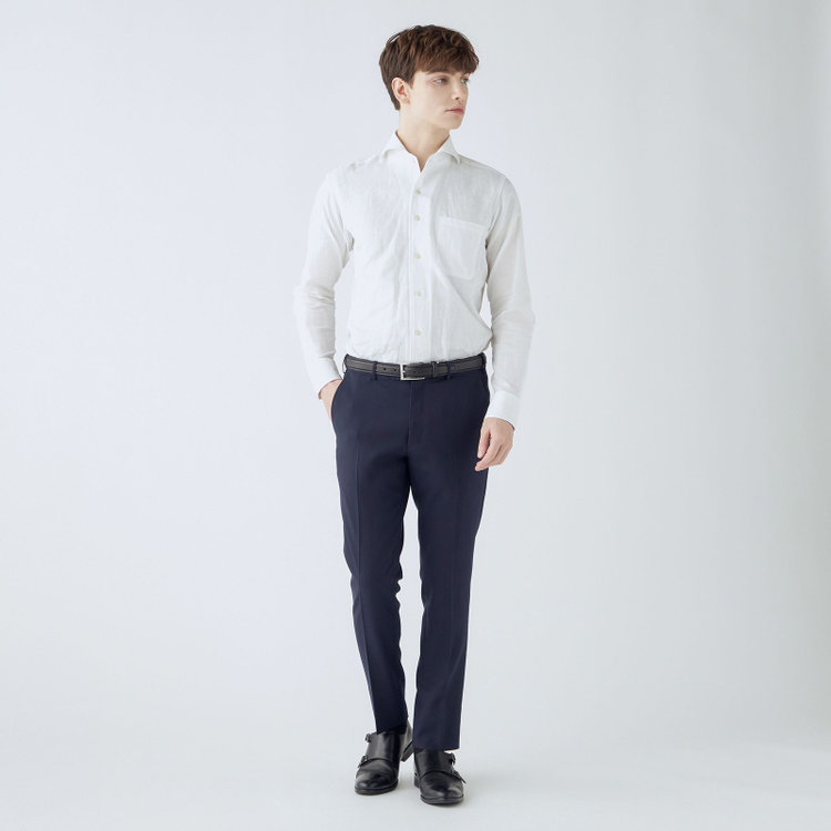 シルバーライン 【4S CROSS】【年間】セットアップパンツ 0タック/ネイビー×カルゼ/ウエストムーブ/※裾上げ済仕様 紺中間