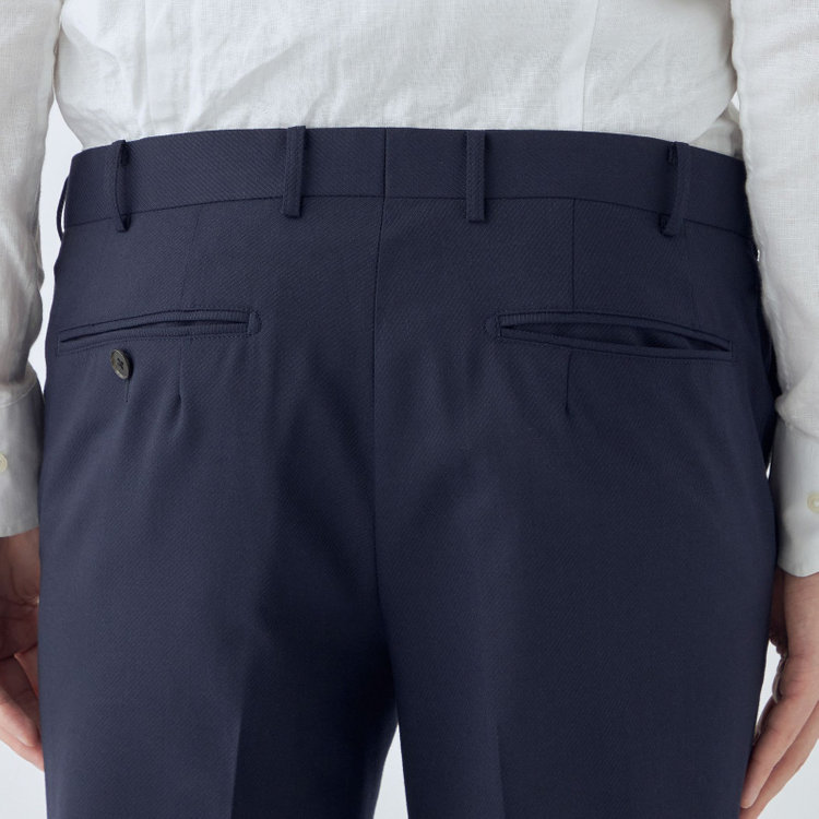 シルバーライン 【4S CROSS】【年間】セットアップパンツ 0タック/ネイビー×カルゼ/ウエストムーブ/※裾上げ済仕様 紺中間