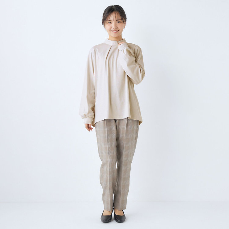 シルバーライン  【SL/長袖】モックネック/バルーン袖/ベージュ/「2WAYストレッチ」「ウォッシャブル可能」「汗じみ軽減」 茶淡色