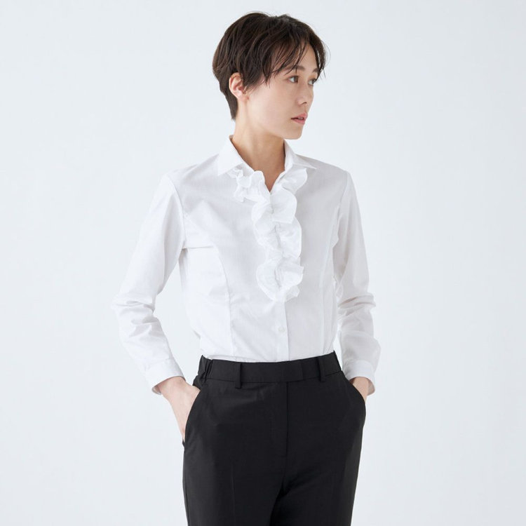 スーツセレクト 【SUIT SELECT×Samantha Thavasa】【長袖】リボン&フリル取り外しスキッパー/ホワイト×ドビーストライプ/形態安定 ホワイト系(白)