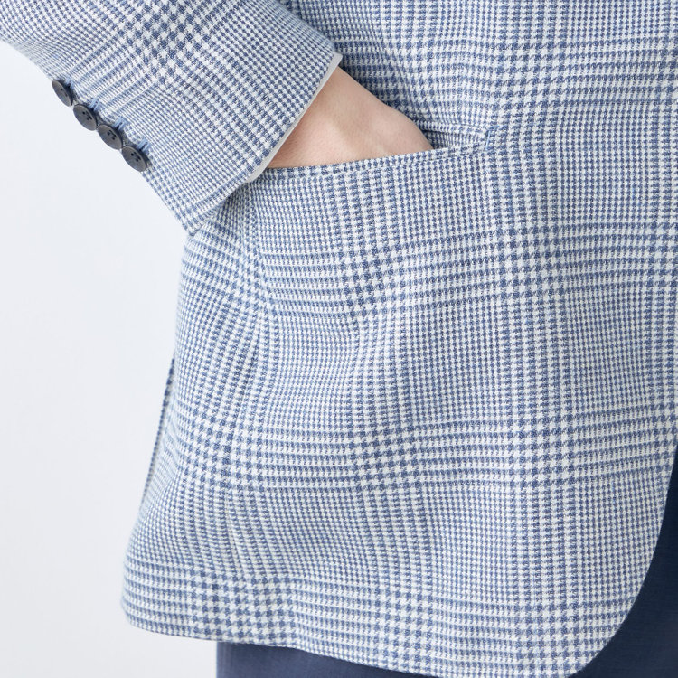 シルバーライン 【CLASSICO TAPERED】【春夏】リネンウールワイドラペル3釦段返りジャケット/ブルー＆ホワイト×チェック/DRAGO lanificio in billa fabric made in italy 青中間
