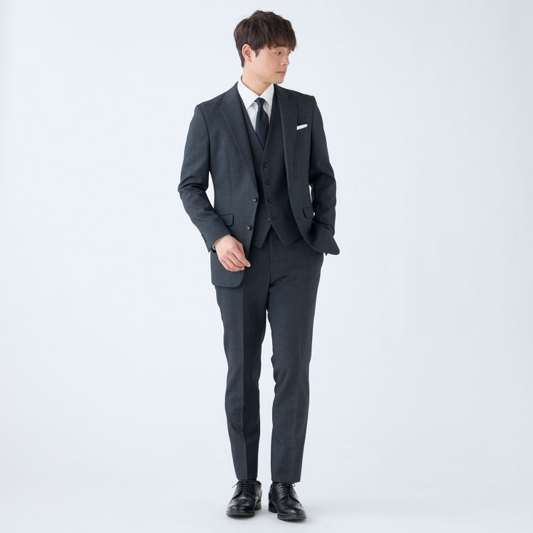 ブラックライン 【発送在庫あり】【SLIM TAPERED_2】【秋冬】2釦シングルスリーピーススーツ 0タック/ネイビー×プレイド/ウエストシャーリング/4S SUSTAINABILITY&ECOLOGY FABRIC/※パンツ裾上げ済仕様 紺濃色