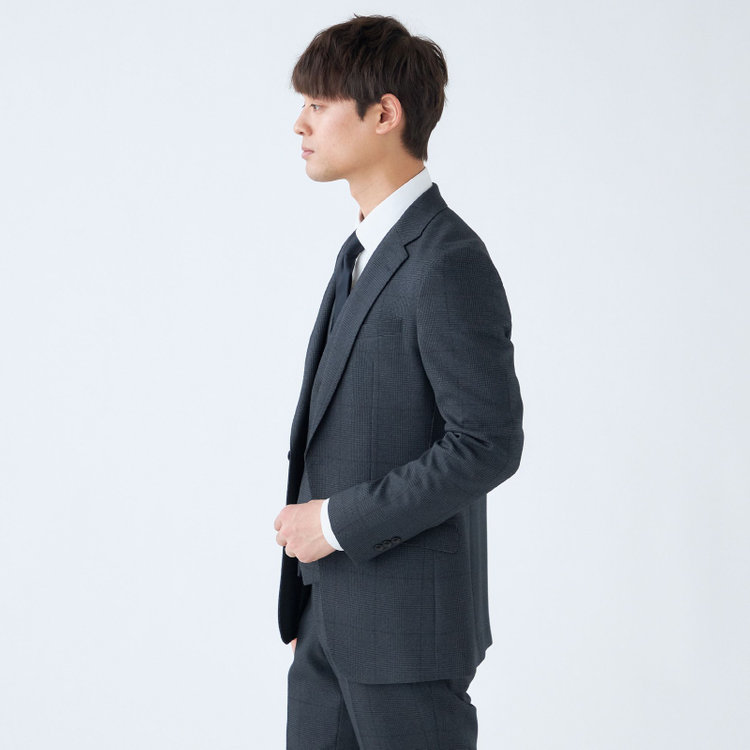 ブラックライン 【発送在庫あり】【SLIM TAPERED_2】【秋冬】2釦シングルスリーピーススーツ 0タック/ネイビー×プレイド/ウエストシャーリング/4S SUSTAINABILITY&ECOLOGY FABRIC/※パンツ裾上げ済仕様 紺濃色