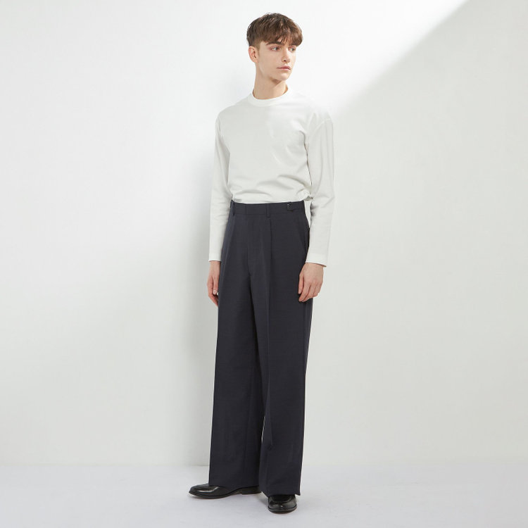 ソノタ 【BLACK LINE】【春夏】1タックワイドシルエットパンツ/ネイビー×サイロフィル/NEW ZEALAND WOOL MIX Super100’s/※裾上げ必要 紺中間