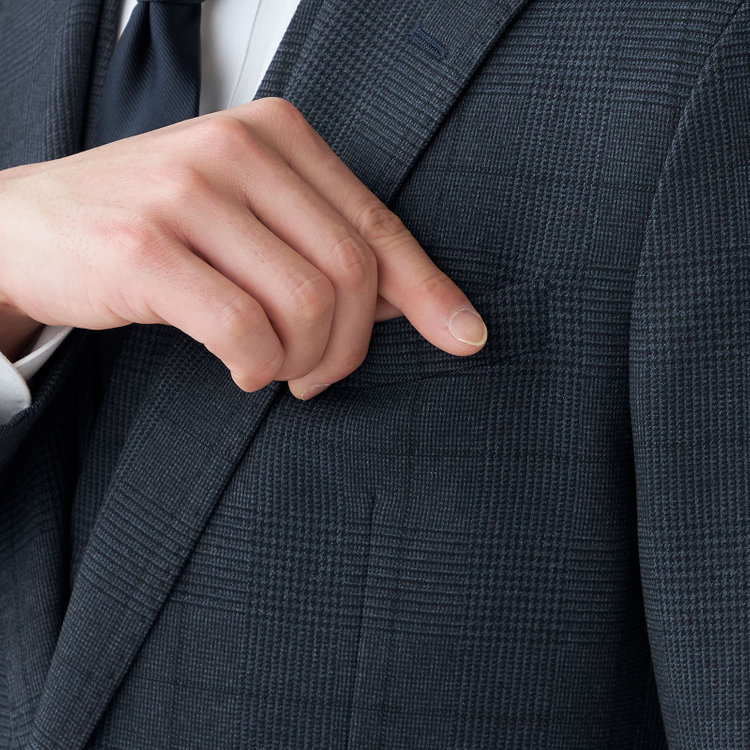 ブラックライン 【発送在庫あり】【SLIM TAPERED_2】【秋冬】2釦シングルスリーピーススーツ 0タック/ネイビー×プレイド/ウエストシャーリング/4S SUSTAINABILITY&ECOLOGY FABRIC/※パンツ裾上げ済仕様 紺濃色