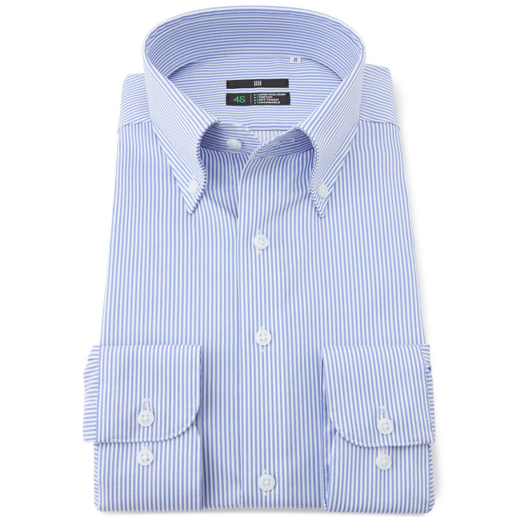 スーツセレクト 【発送在庫あり】【BLACK LINE】ボタンダウンワイシャツ/ホワイト＆ブルー×ストライプ/「4S COTTON」スーパーノンアイロン・ストレッチ 青中間