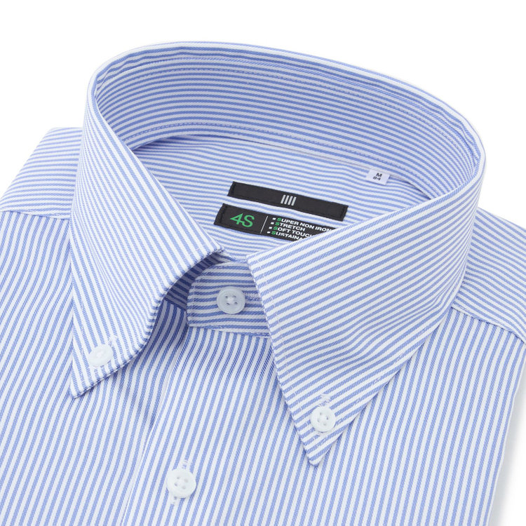 スーツセレクト 【発送在庫あり】【BLACK LINE】ボタンダウンワイシャツ/ホワイト＆ブルー×ストライプ/「4S COTTON」スーパーノンアイロン・ストレッチ 青中間
