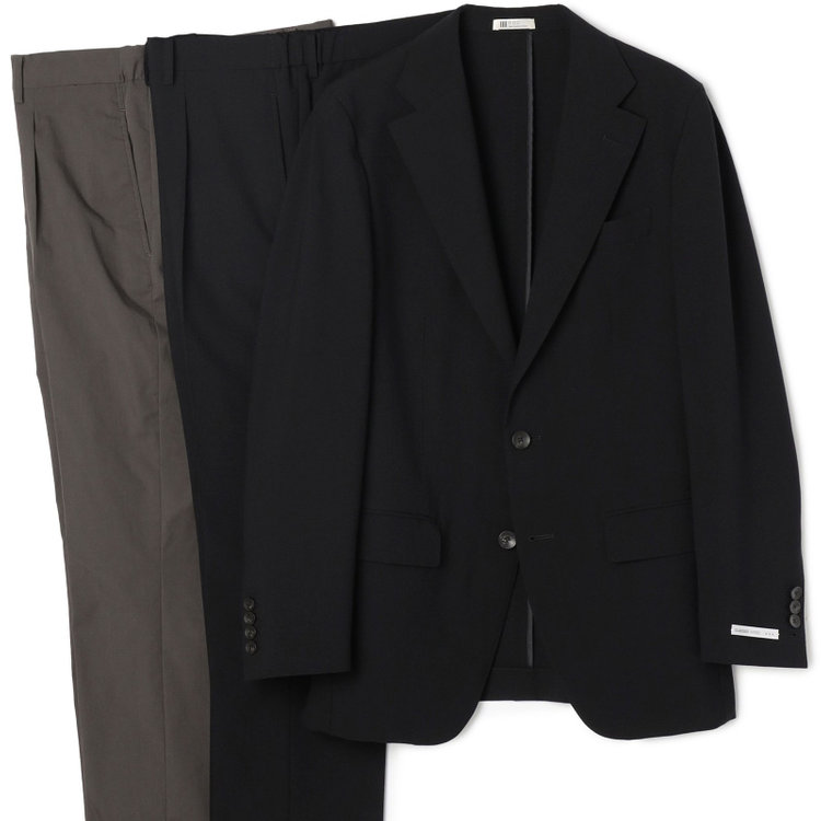 スーツセレクト 【WEB限定/OUTLET】【RBC】【春夏】コーディネートパンツ付き/ワイドラペル2釦シングルスーツ 1タック/ブラック×シアサッカー+グレーブラウンパンツ/ウエストシャーリング/ウォッシャブル/※パンツ裾上げ済仕様 ブラック系(黒)