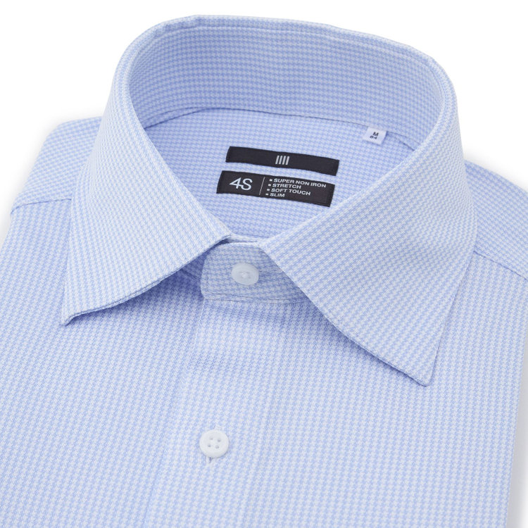 ブラックライン 【発送在庫あり】【WEB限定】【BLACK LINE】ワイドカラーワイシャツ/ブルー×ハウンドトゥース/「4S」スーパーノンアイロン・ストレッチ 青淡色