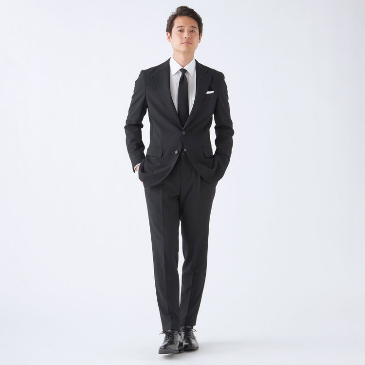 スーツセレクト 【WEB限定/OUTLET】【RBC】【春夏】コーディネートパンツ付き/ワイドラペル2釦シングルスーツ 1タック/ブラック×シアサッカー+グレーブラウンパンツ/ウエストシャーリング/ウォッシャブル/※パンツ裾上げ済仕様 ブラック系(黒)