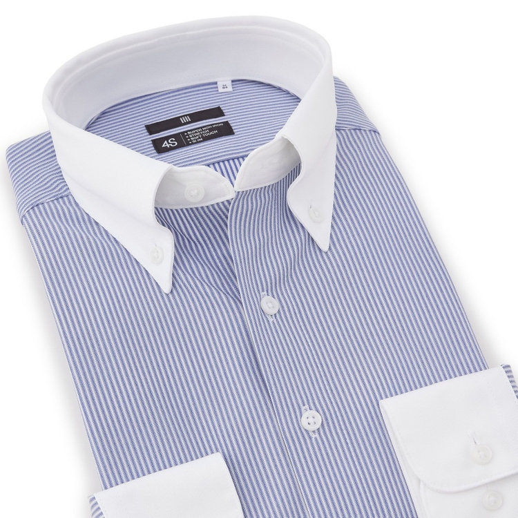 スーツセレクト 【発送在庫あり】【BLACK LINE】クレリックボタンダウンワイシャツ/襟袖口：ホワイト+ネイビー×ホワイトストライプ/「4S」スーパーノンアイロン・ストレッチ 紺中間